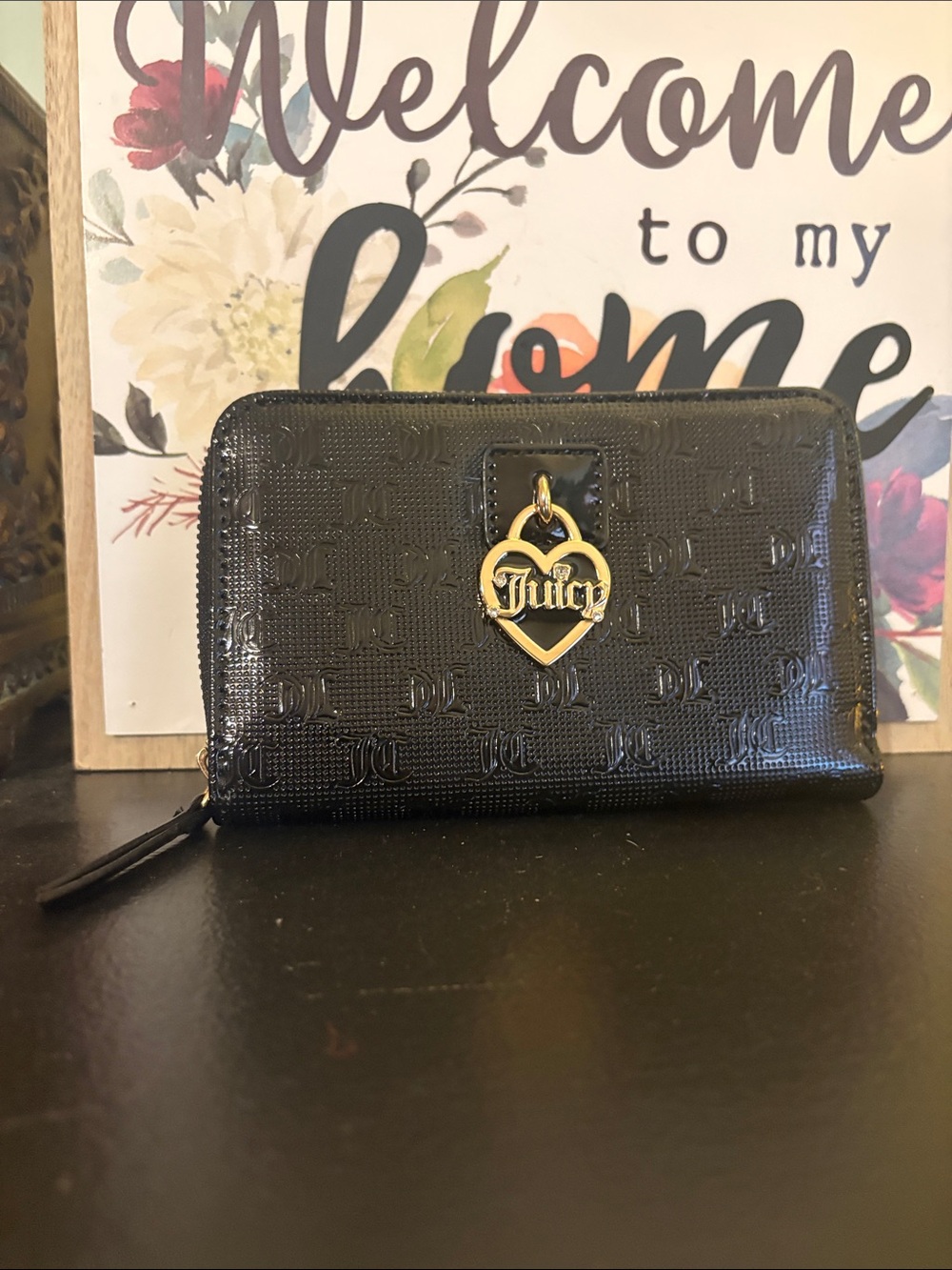 Juicy Couture Black Patent Zip-Around Card Holder with Gold Heart Charm